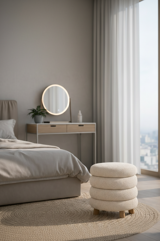 Tabouret Macaron Velours Blanc avec pieds en bois