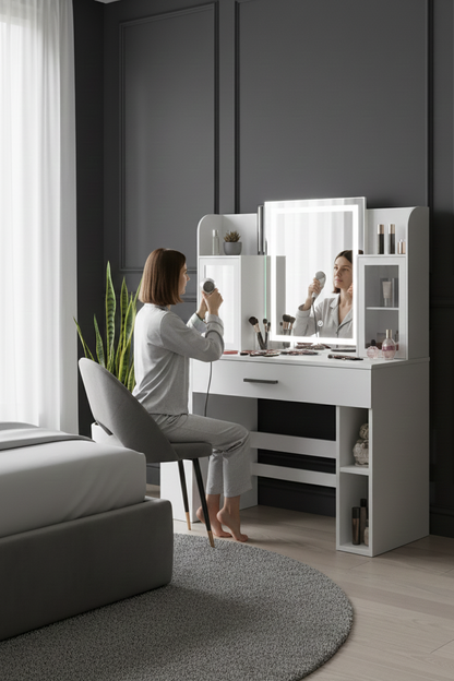 Coiffeuse DESIGN Espace | Meuble Maquillage avec Étagères & LED