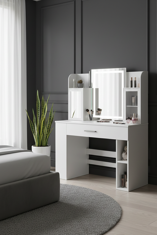 Coiffeuse DESIGN Espace | Meuble Maquillage avec Étagères & LED