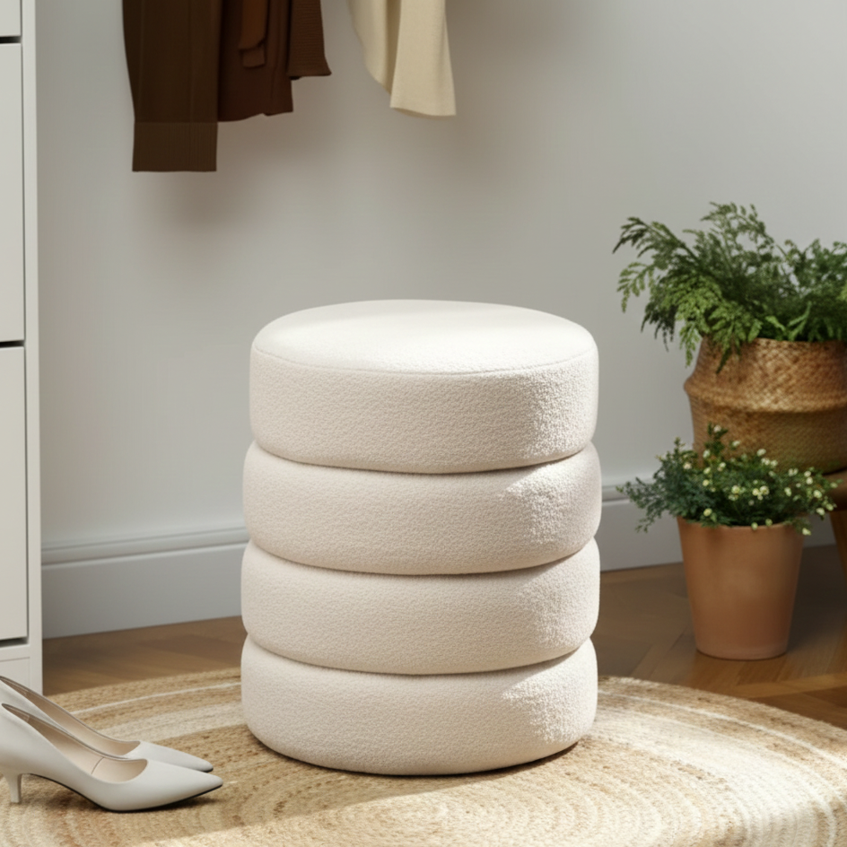 Tabouret Macaron Velours Blanc | Pieds Or pour Coiffeuse